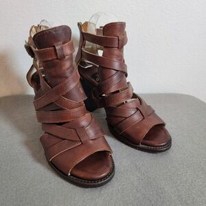 Freebird Claw Brown Leather Zip Strappy Block Heel Bootie Sandal Sz 8 Retro Boho